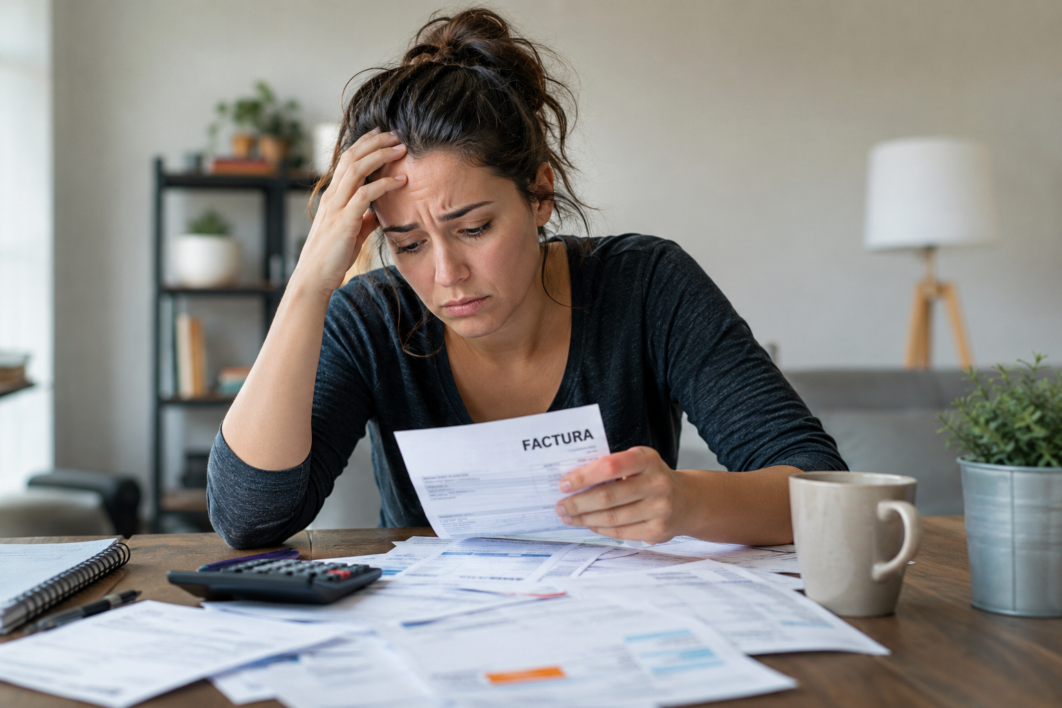 Blog: Ley de la Segunda Oportunidad 2 Mujer preocupada porque no puede pagar sus deudas en Barcelona mientras revisa facturas.